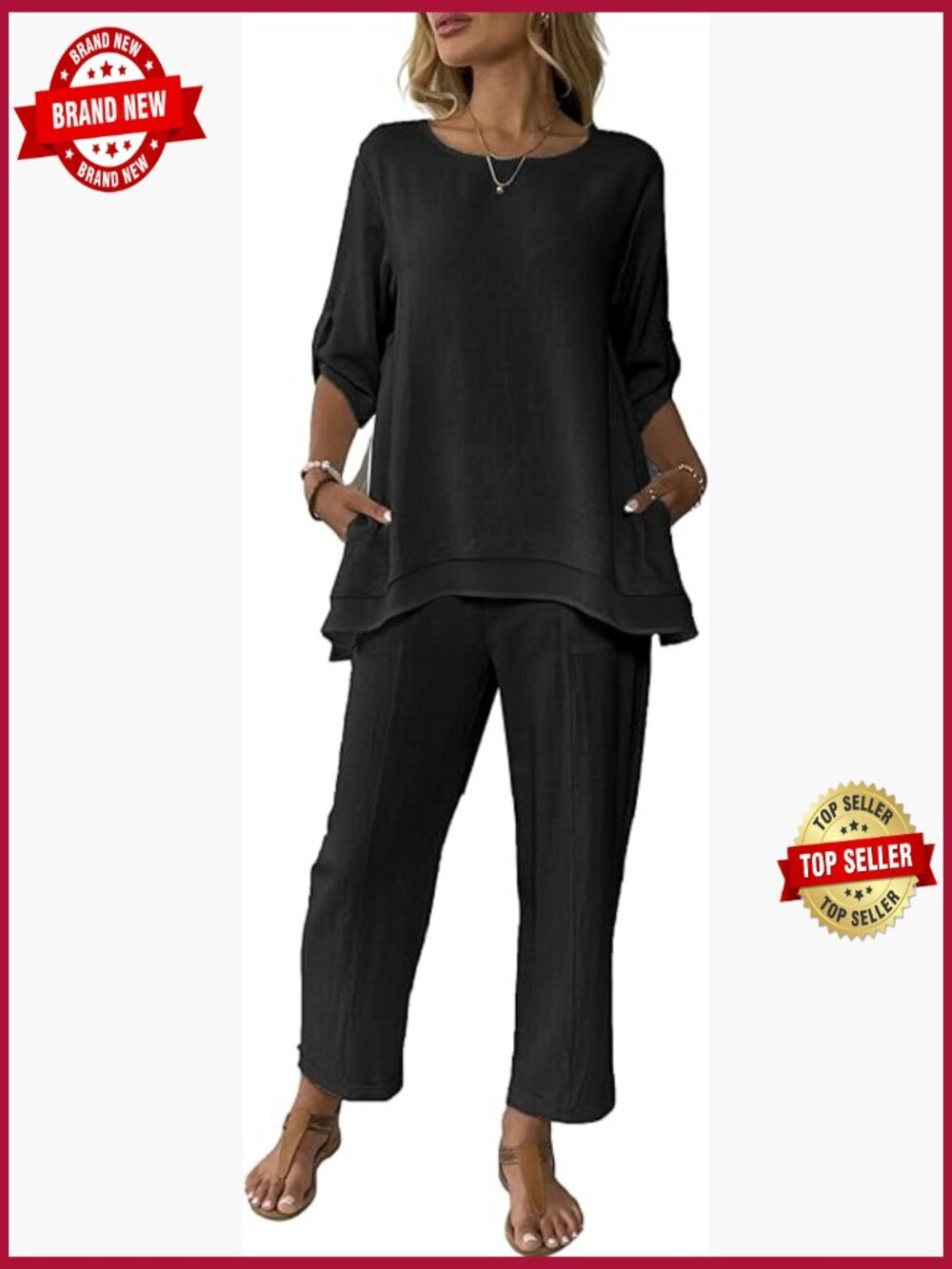 Linen 2 Piece Outfits Rolled Sleeves Top Wide Leg Pants Suits Summer Casual